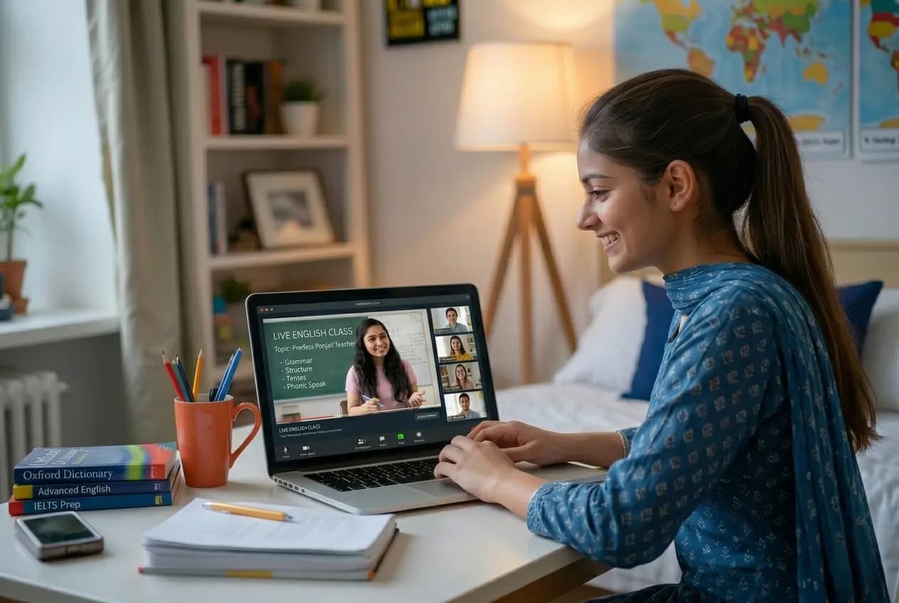 Student learning English in online live class with teacher